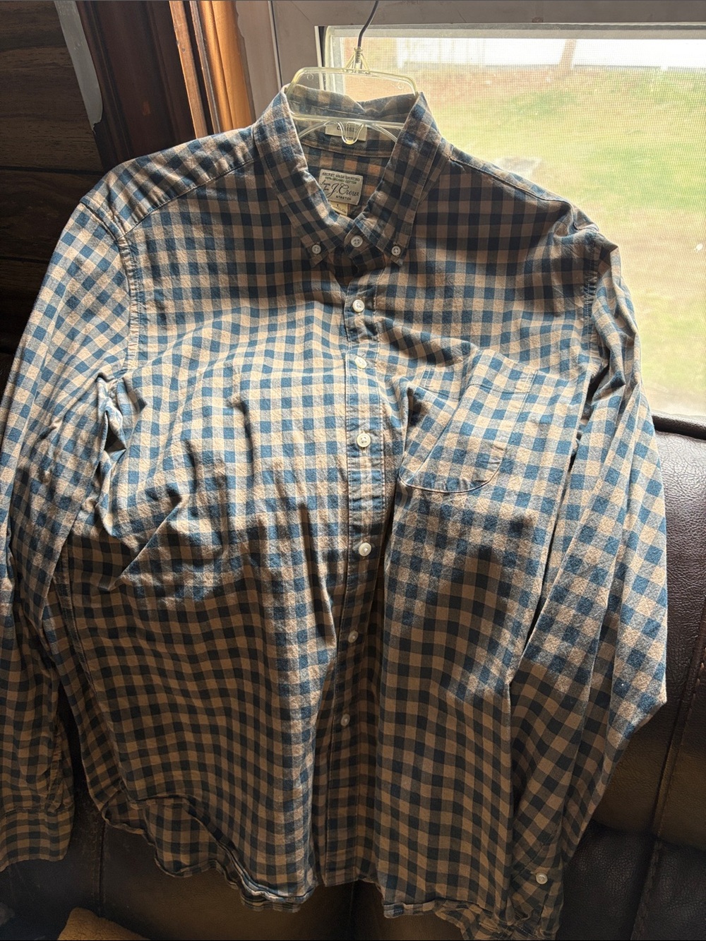 J. Crew Men's Blue and Cream Checked Button-Down Shirt